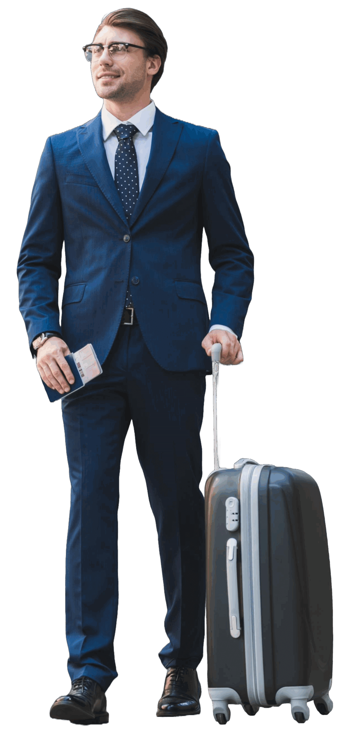 Eleganter Geschäftsmann mit Koffer unterwegs für Flughafentransfer in Stuttgart.